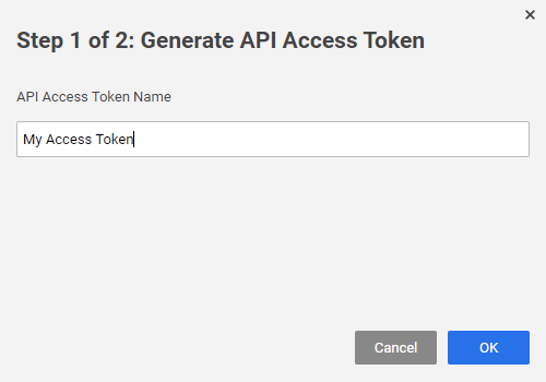 Step 1 of the Generate API Access Token is shown with a sample token name
